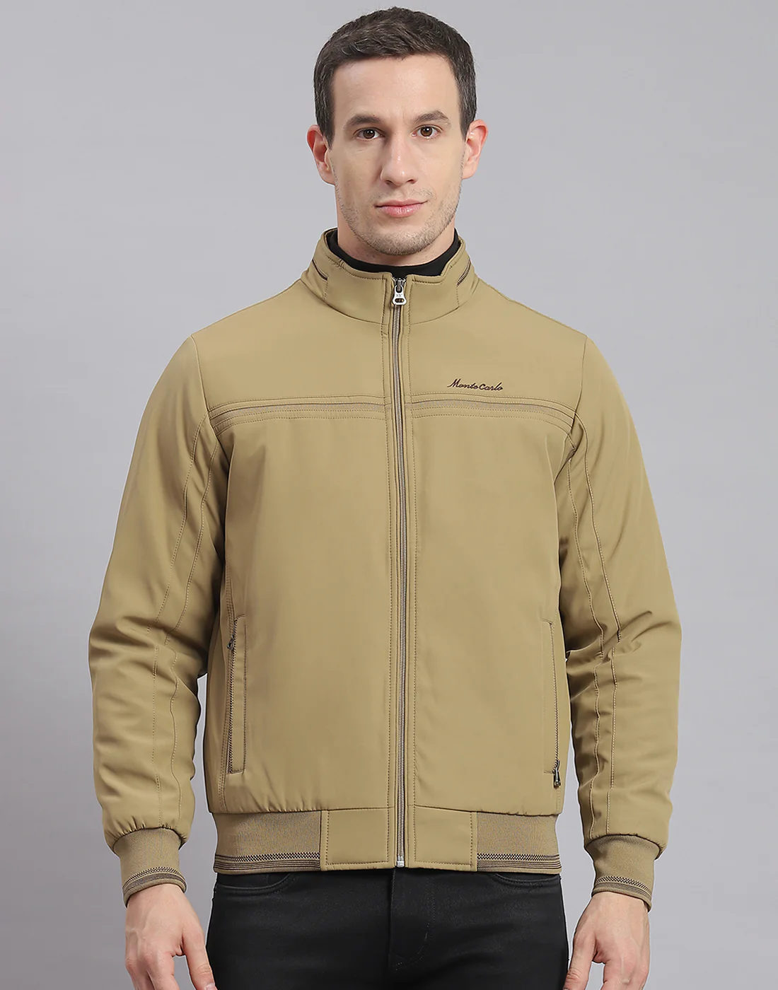 Men Beige Solid Stand Collar Full Sleeve Jacket - Image 2