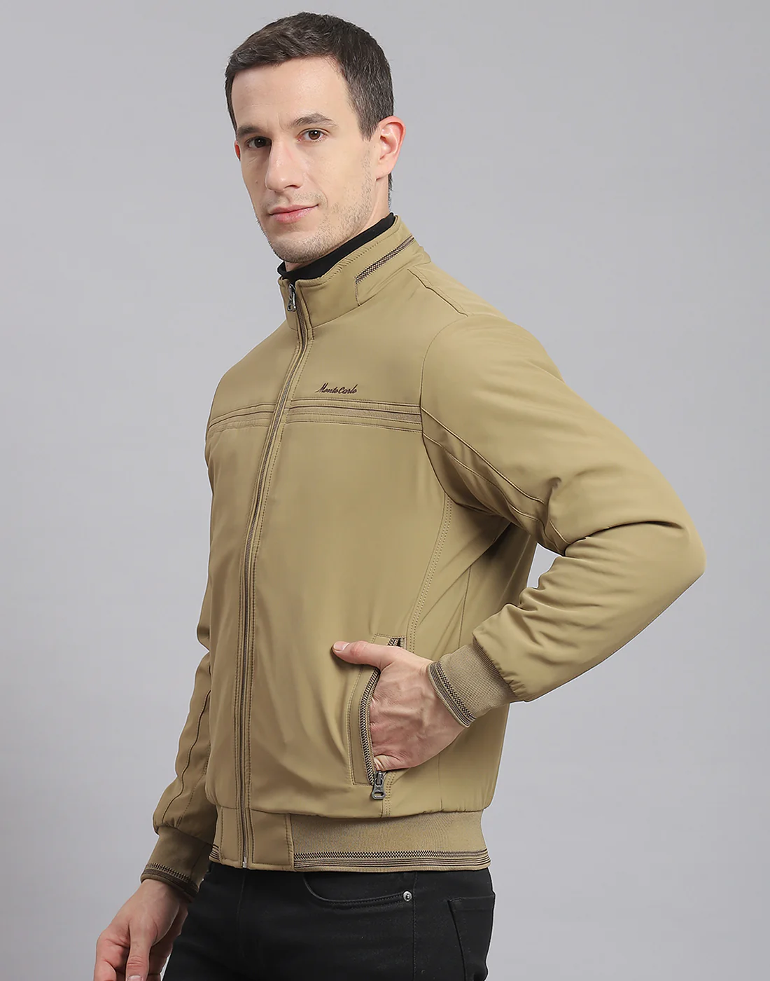 Men Beige Solid Stand Collar Full Sleeve Jacket - Image 3