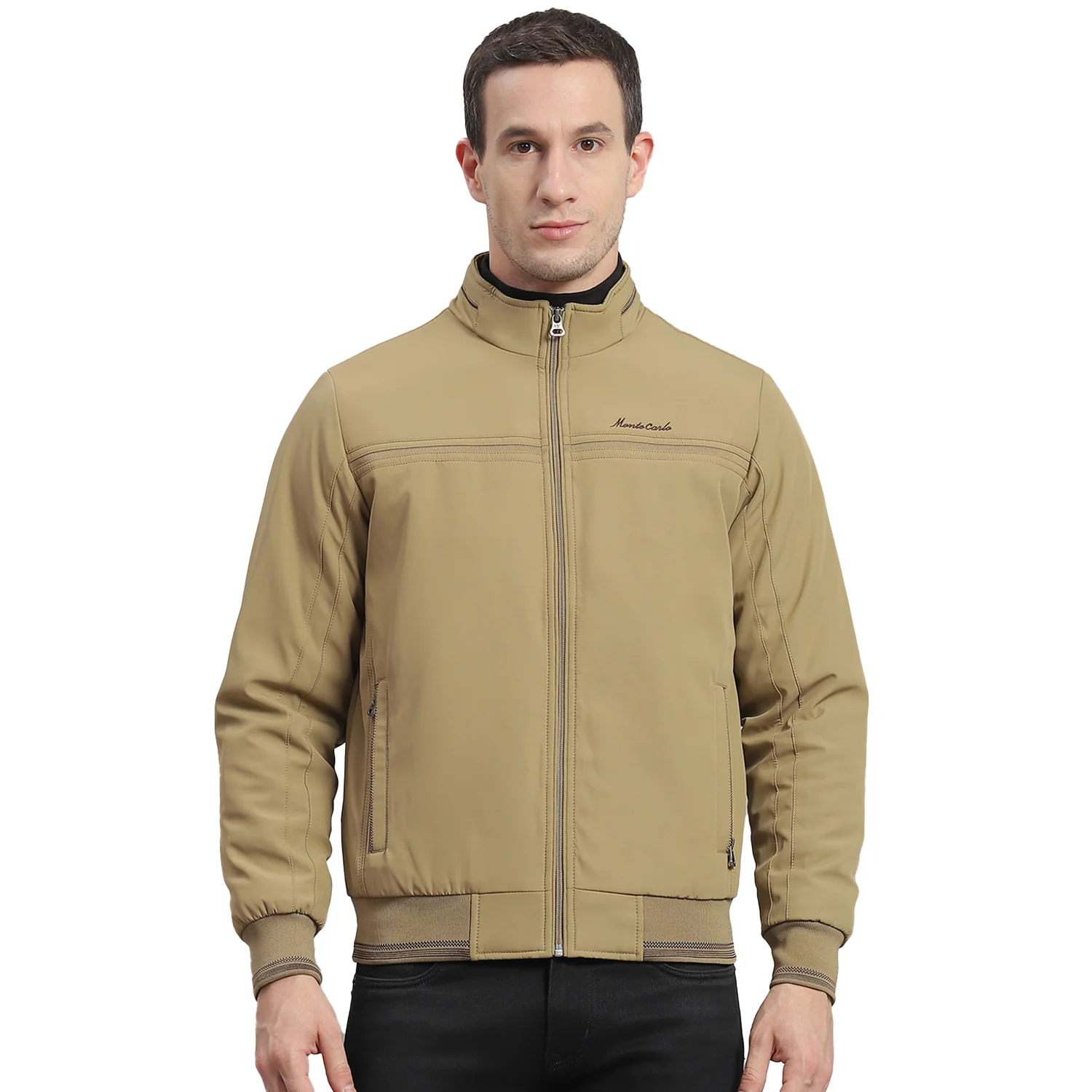 Men Beige Solid Stand Collar Full Sleeve Jacket - Image 5