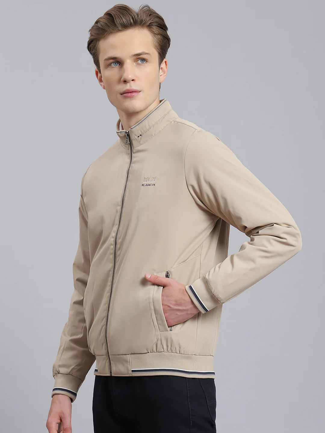 Men Beige Solid Stand Collar Full Sleeve Jacket - Image 4