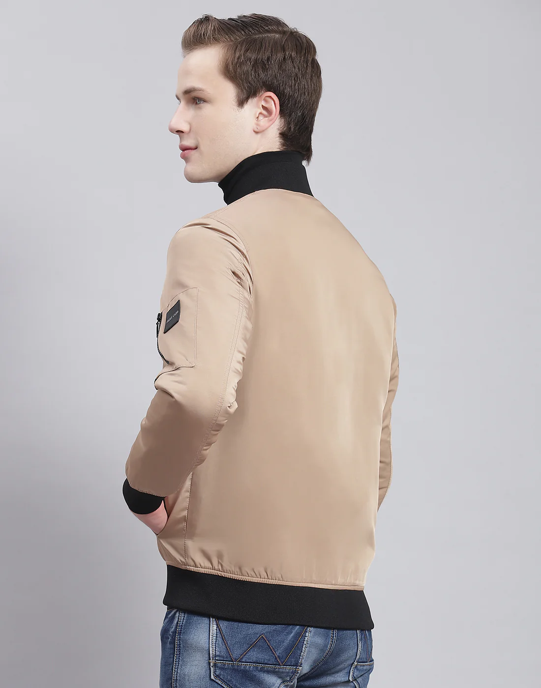 Men Beige Solid Stand Collar Full Sleeve Jacket - Image 5