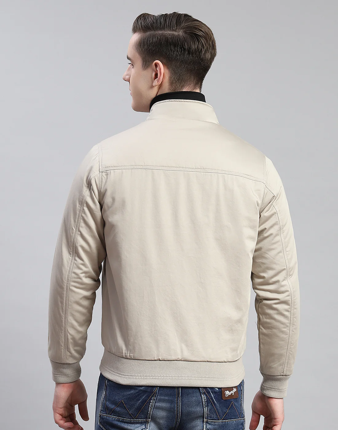 Men Beige Solid Stand Collar Full Sleeve Jacket - Image 5