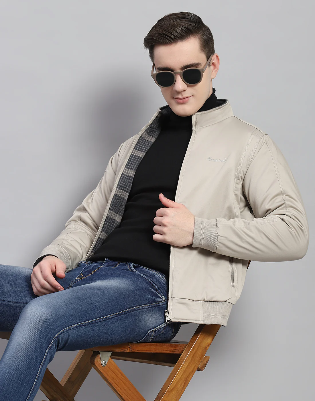 Men Beige Solid Stand Collar Full Sleeve Jacket - Image 6