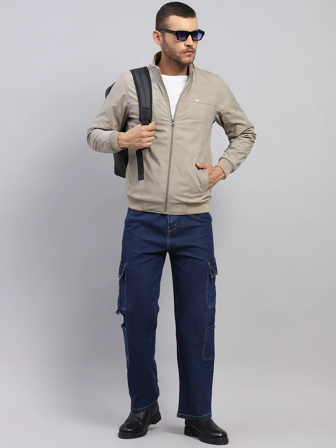 Men Beige Solid Stand Collar Full Sleeve Jacket - Image 2