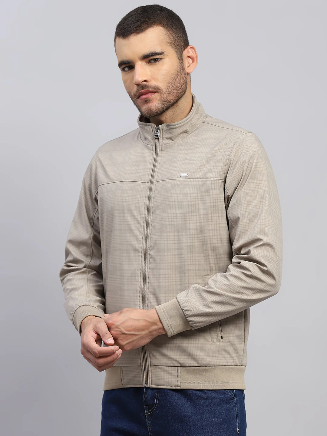 Men Beige Solid Stand Collar Full Sleeve Jacket - Image 3