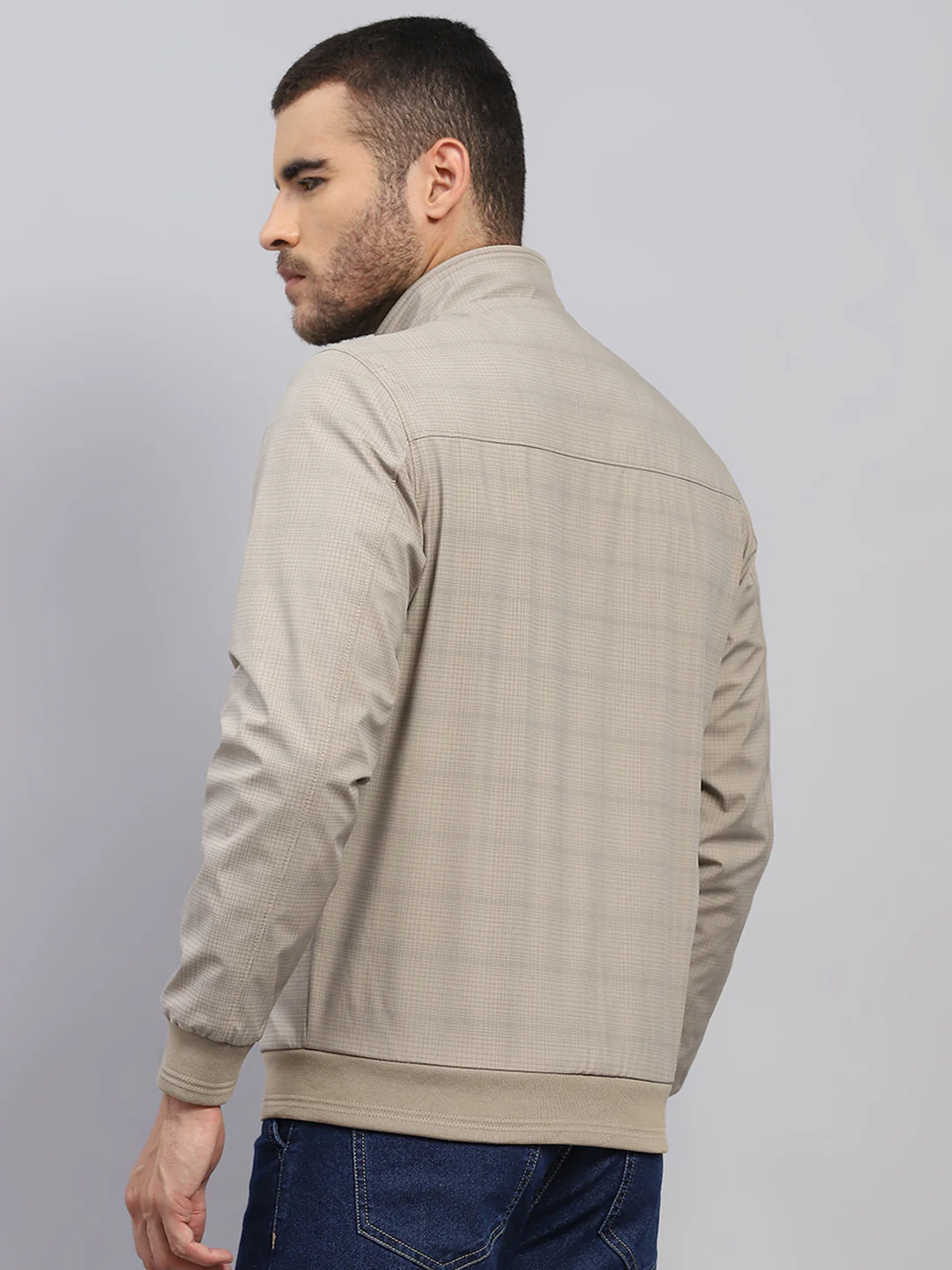 Men Beige Solid Stand Collar Full Sleeve Jacket - Image 5