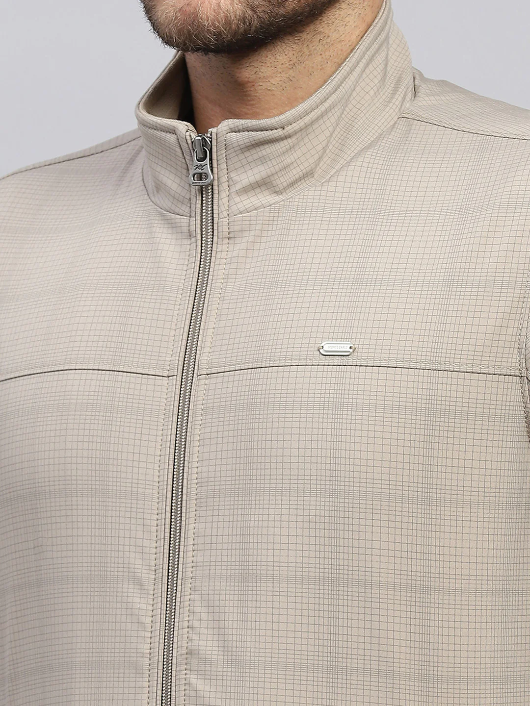 Men Beige Solid Stand Collar Full Sleeve Jacket - Image 6