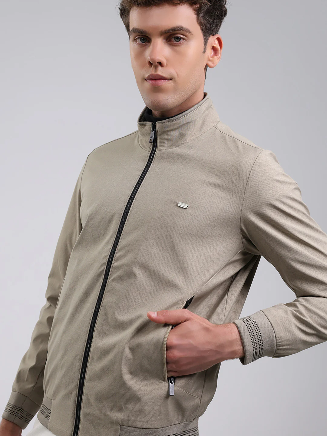 Men Beige Solid Stand Collar Full Sleeve Jacket - Image 6
