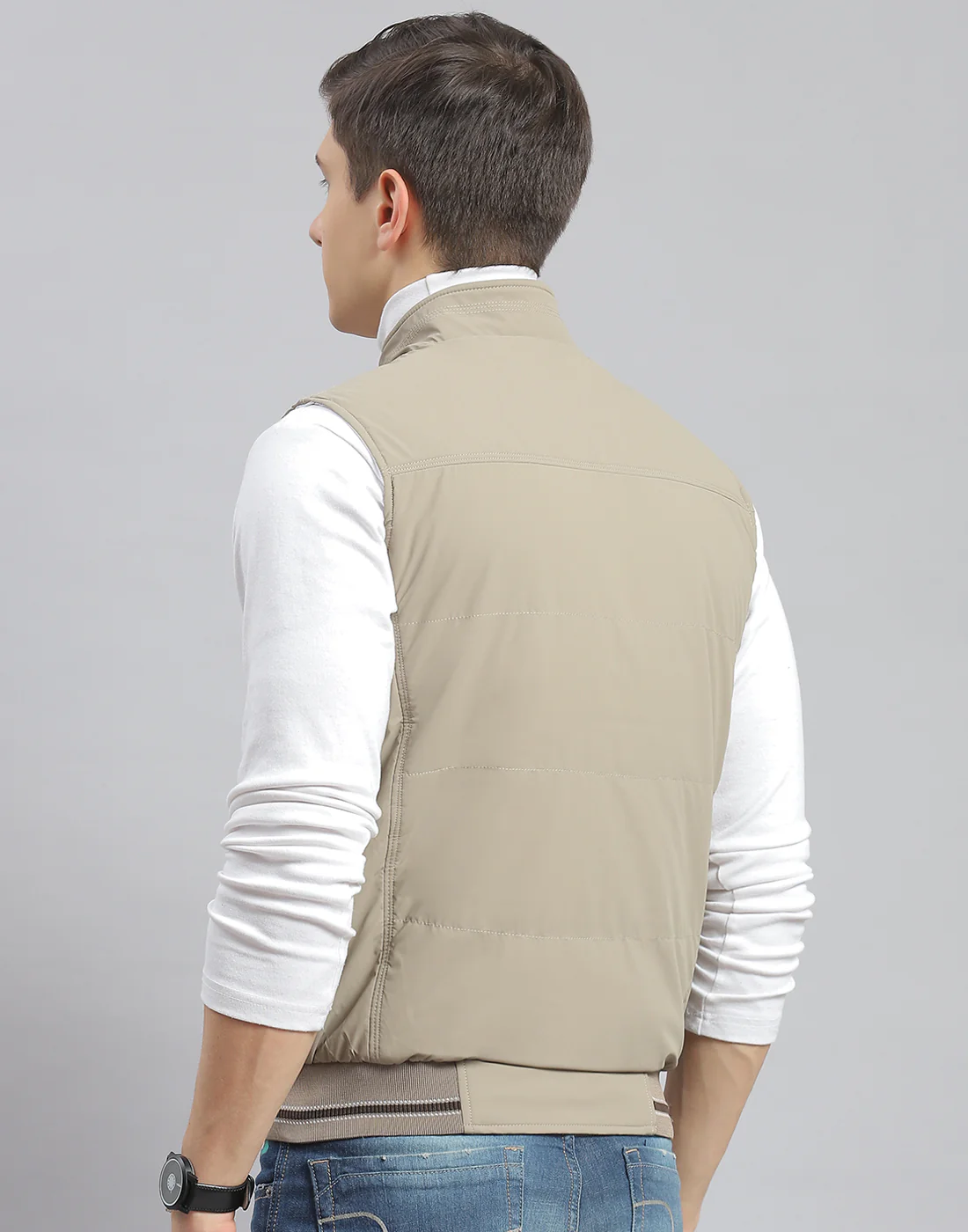 Men Beige Solid Stand Collar Sleeveless Jacket - Image 6