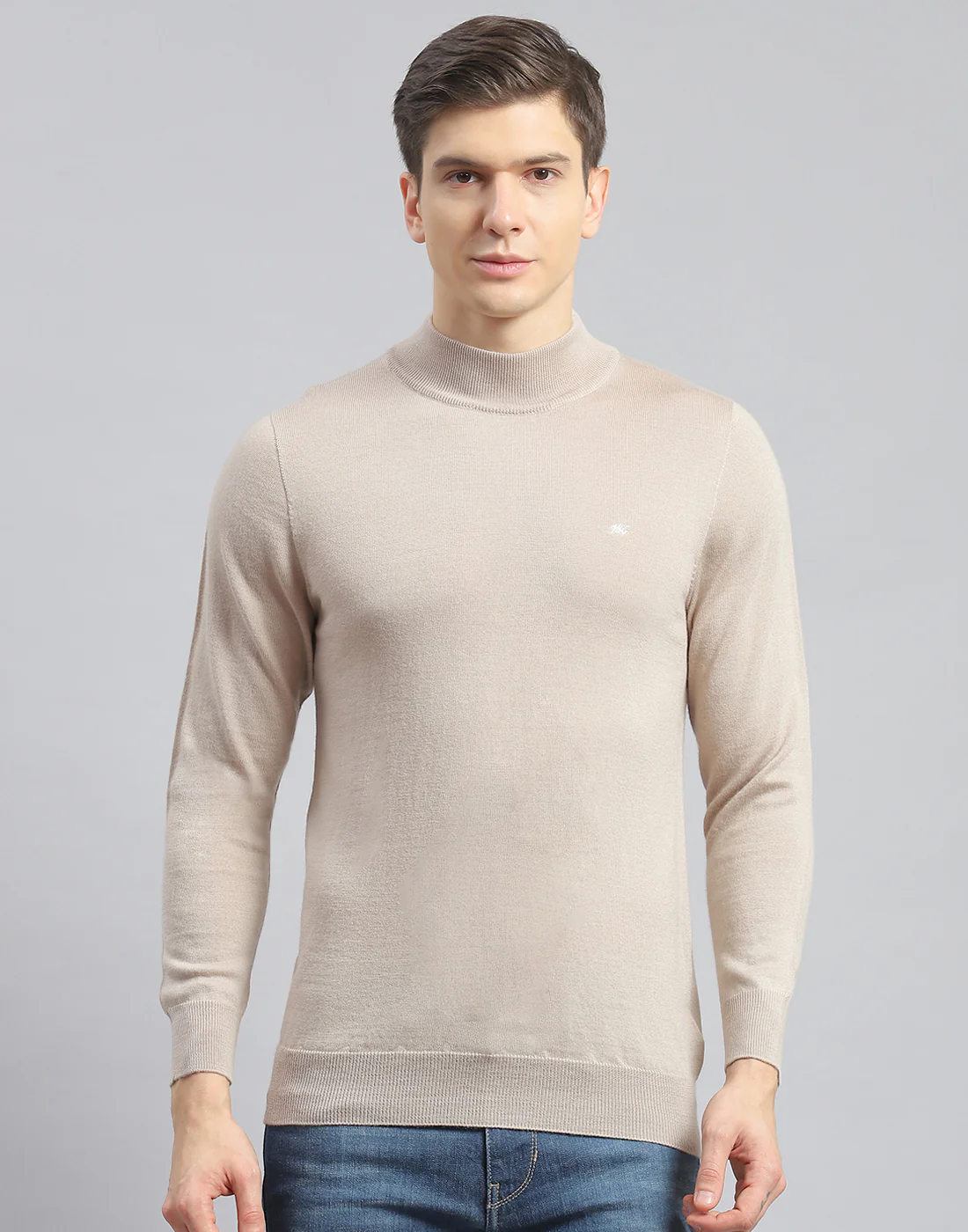 Men Beige Solid T Neck Full Sleeve Pullover - Image 3