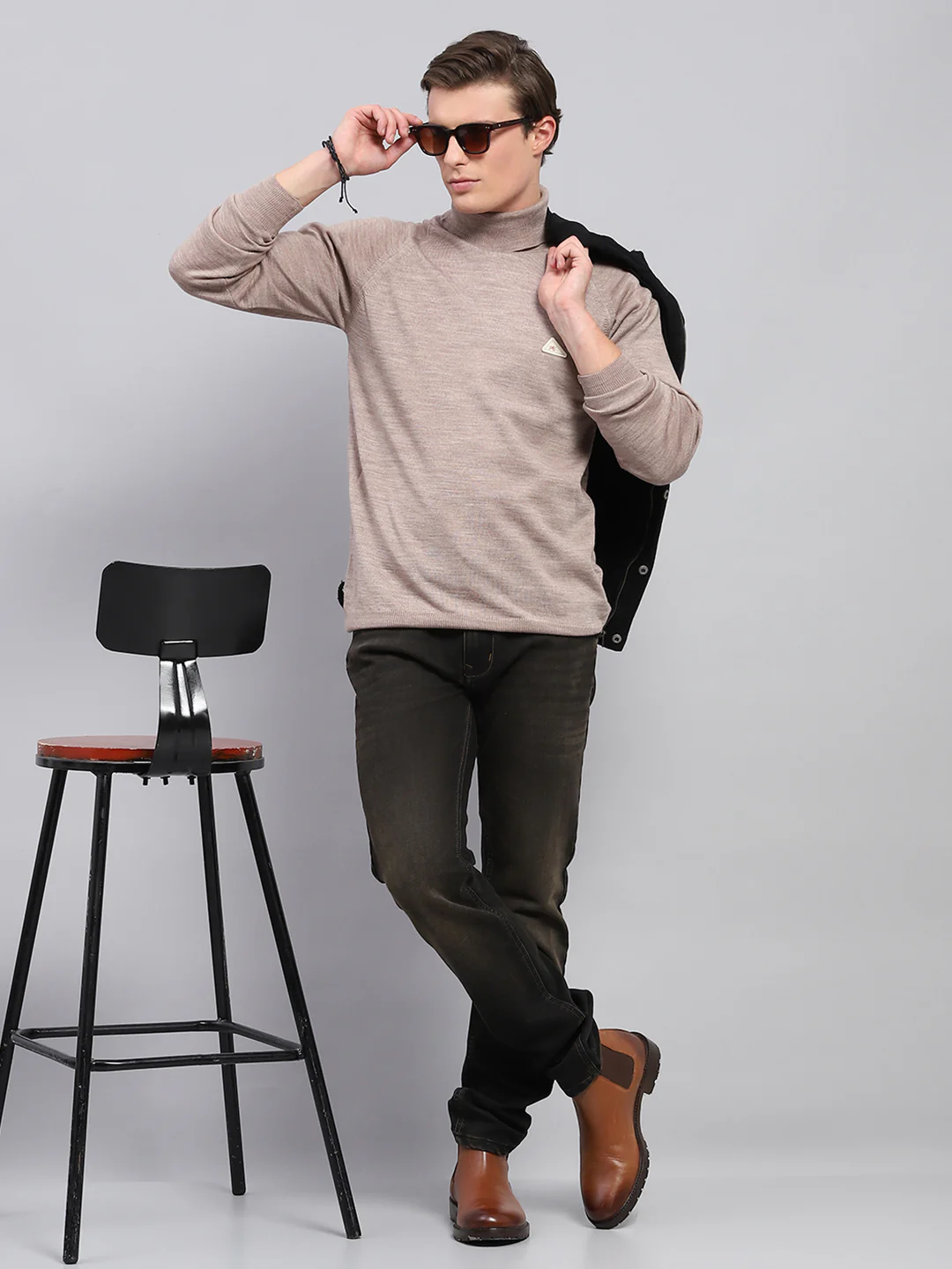 Men Beige Solid Turtle Neck Full Sleeve Pullover - Image 2
