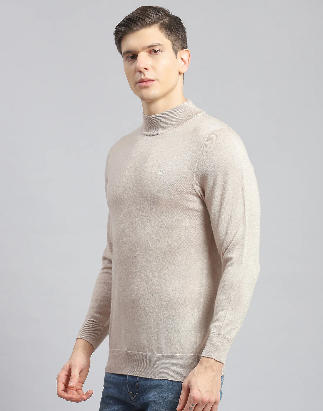 Men Beige Solid Turtle Neck Full Sleeve Pullover - Image 3