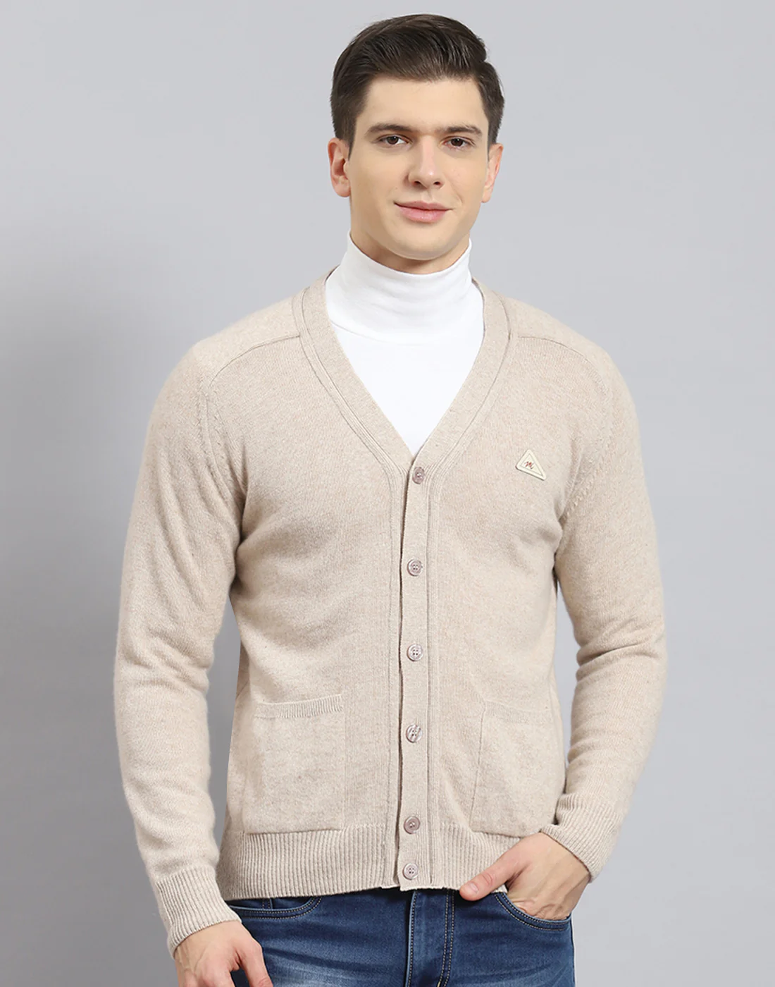 Men Beige Solid V Neck Full Sleeve Cardigan - Image 3