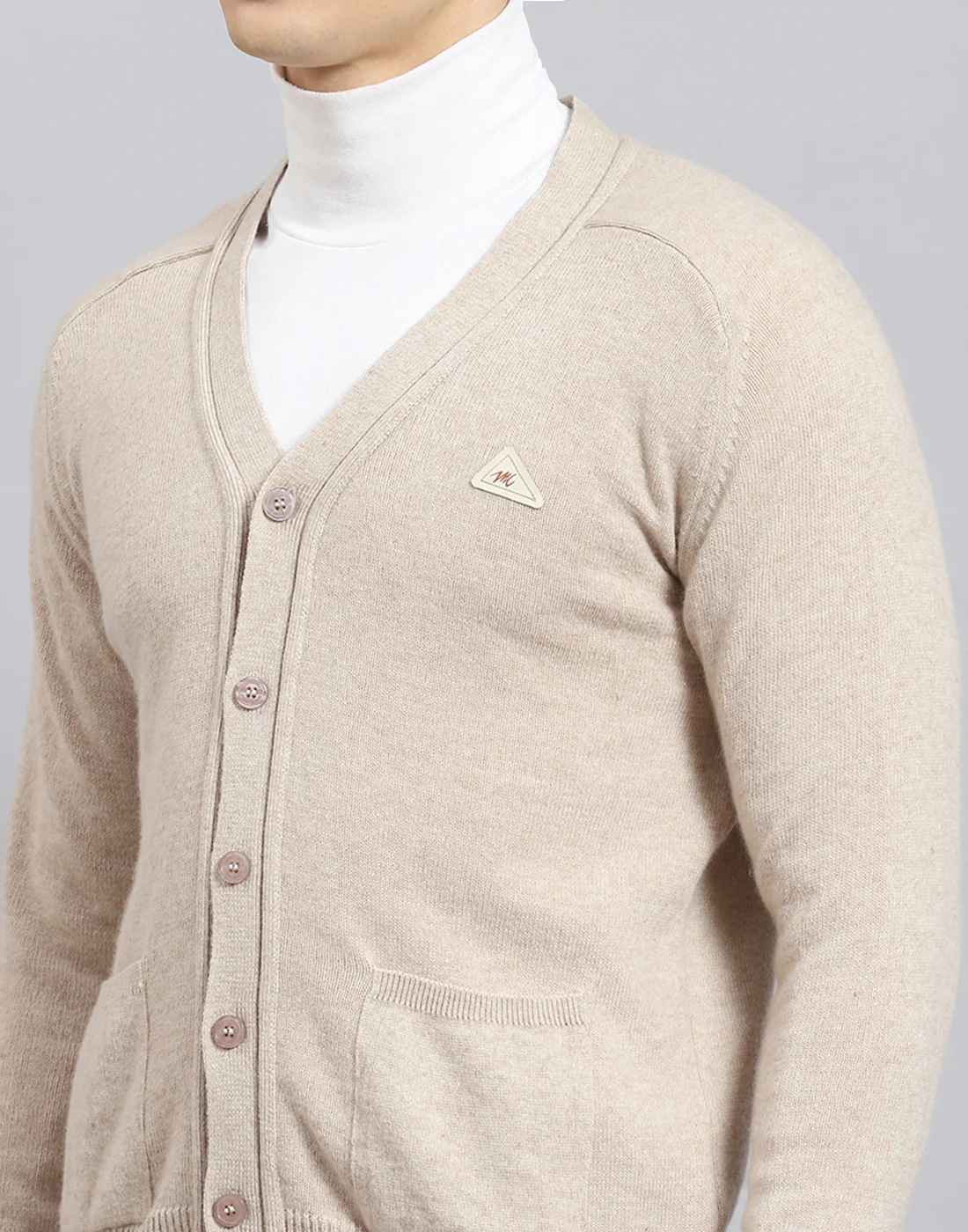 Men Beige Solid V Neck Full Sleeve Cardigan - Image 7