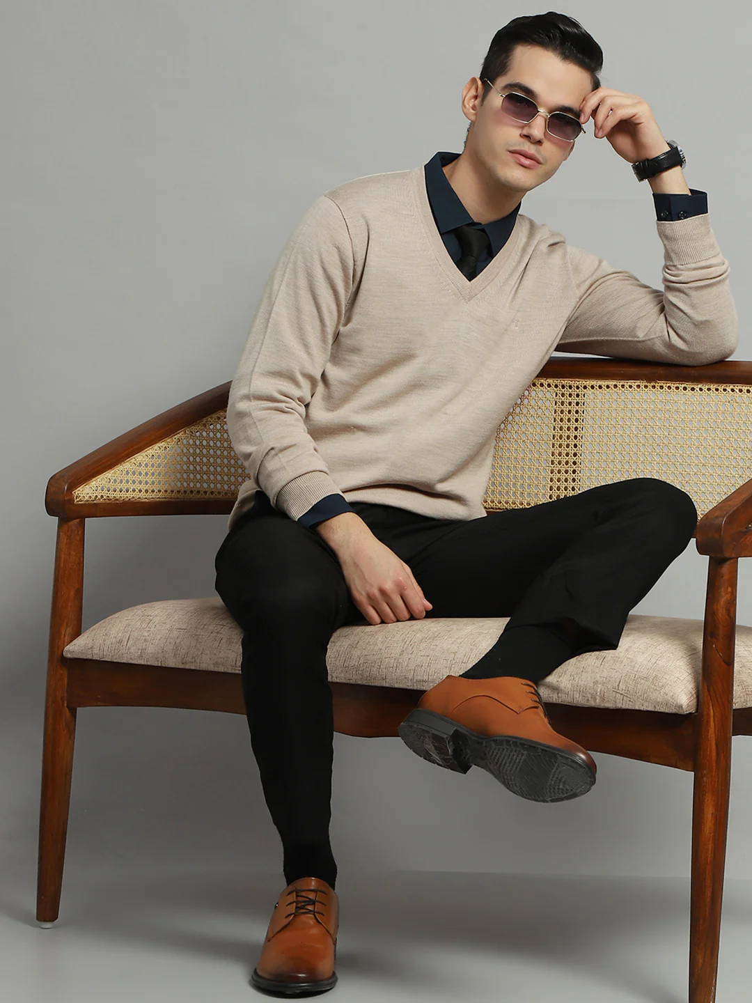 Luxuria Men Beige Solid V Neck Full Sleeve Pullover - Image 2