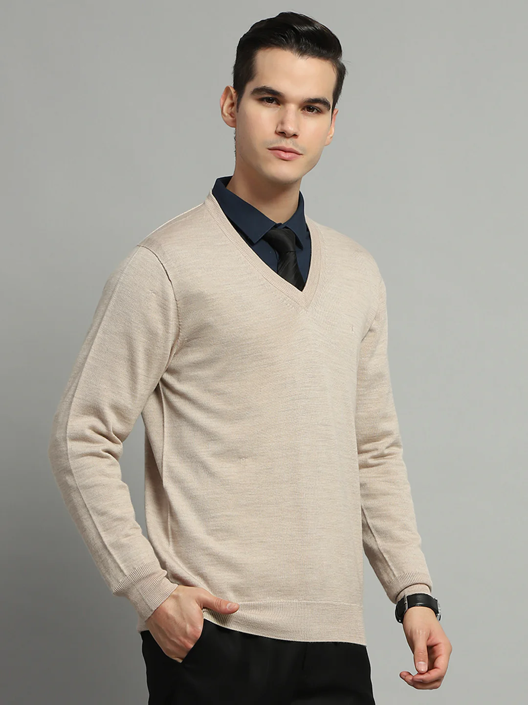 Luxuria Men Beige Solid V Neck Full Sleeve Pullover - Image 4