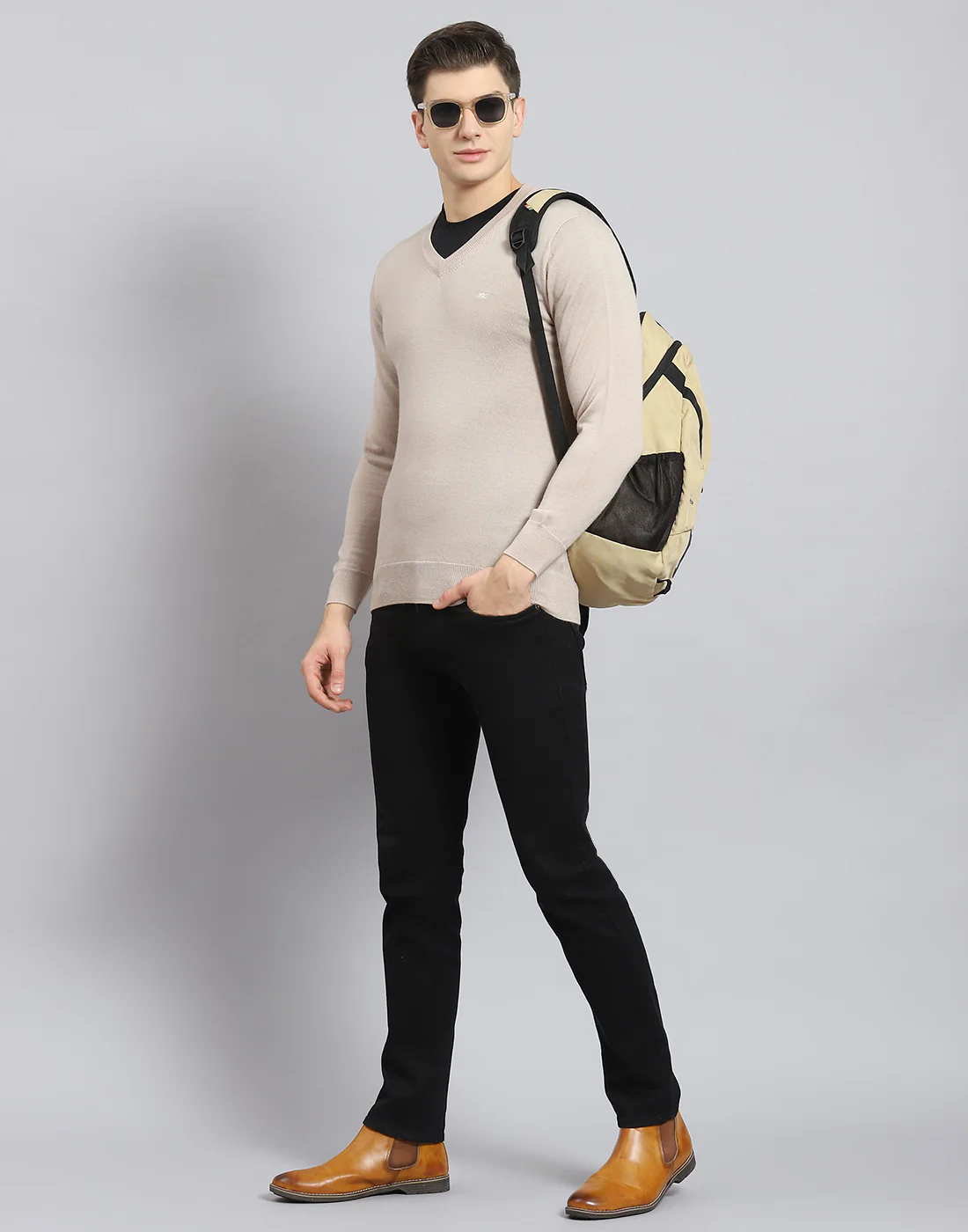 Men Beige Solid V Neck Full Sleeve Pullover - Image 2