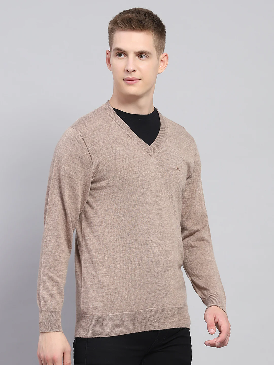 Men Beige Solid V Neck Full Sleeve Pullover - Image 4