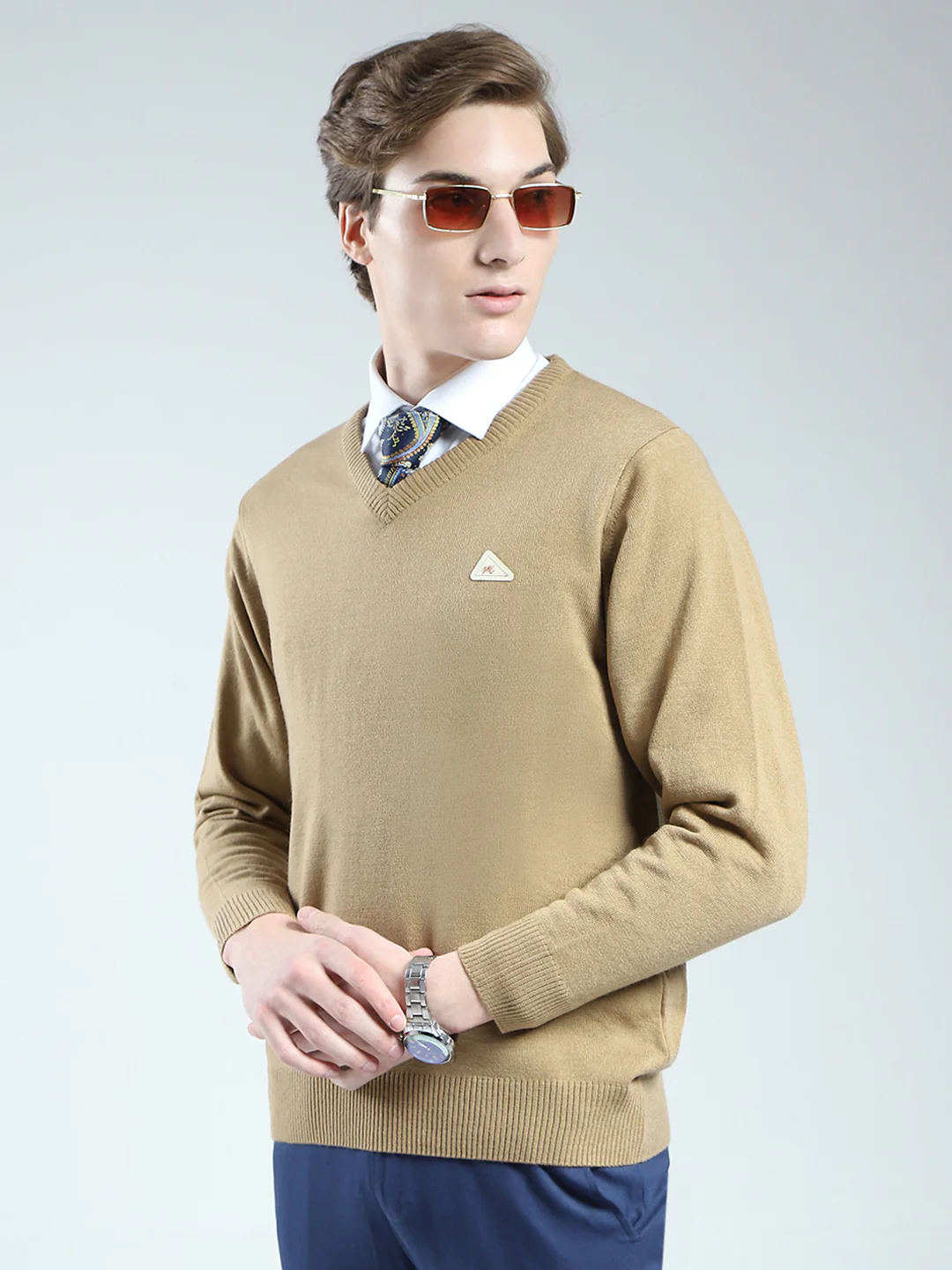 Men Beige Solid V Neck Full Sleeve Pullover - Image 3