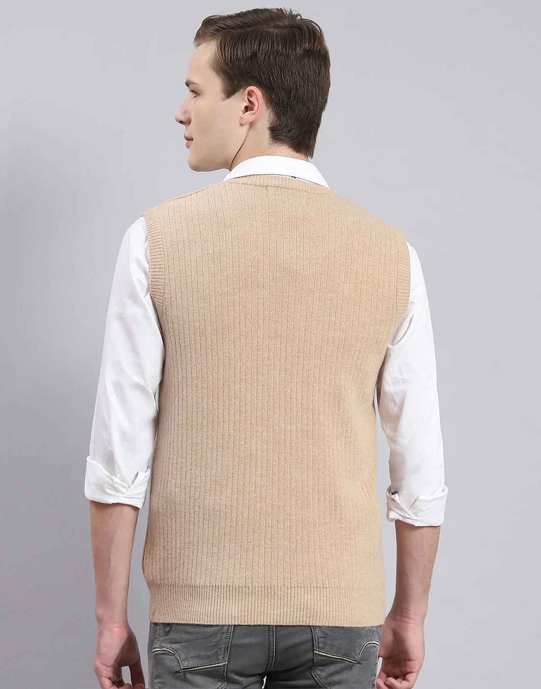 Men Beige Solid V Neck Sleeveless Sweater - Image 6