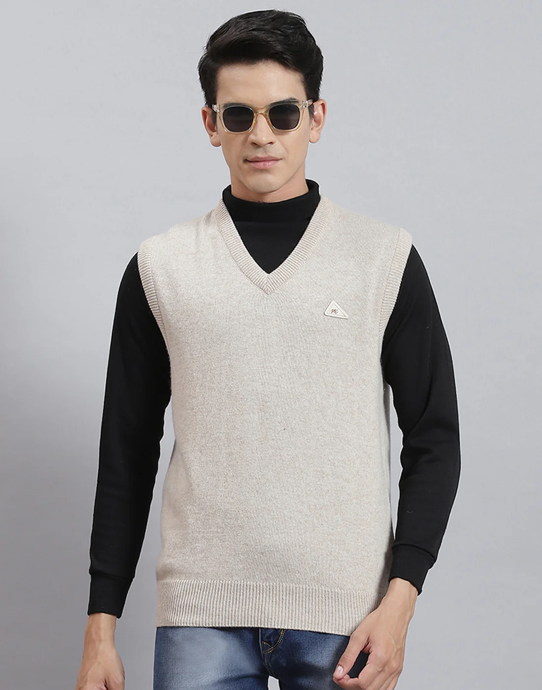 Men Beige Solid V Neck Sleeveless Sweater - Image 2