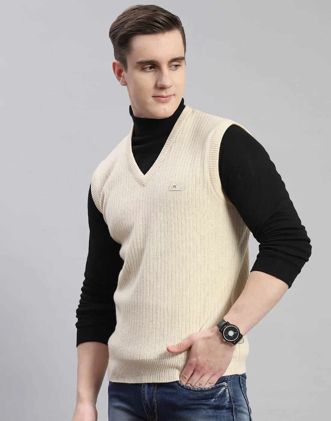 Men Beige Solid V Neck Sleeveless Sweater - Image 3
