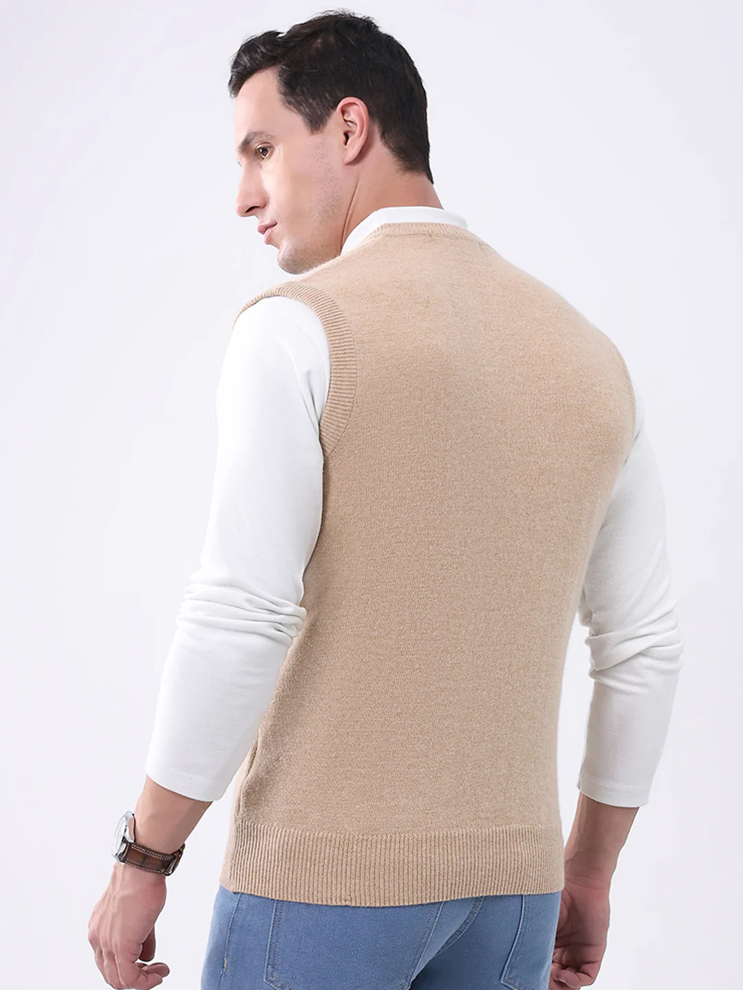 Men Beige Solid V Neck Sleeveless Sweater - Image 5