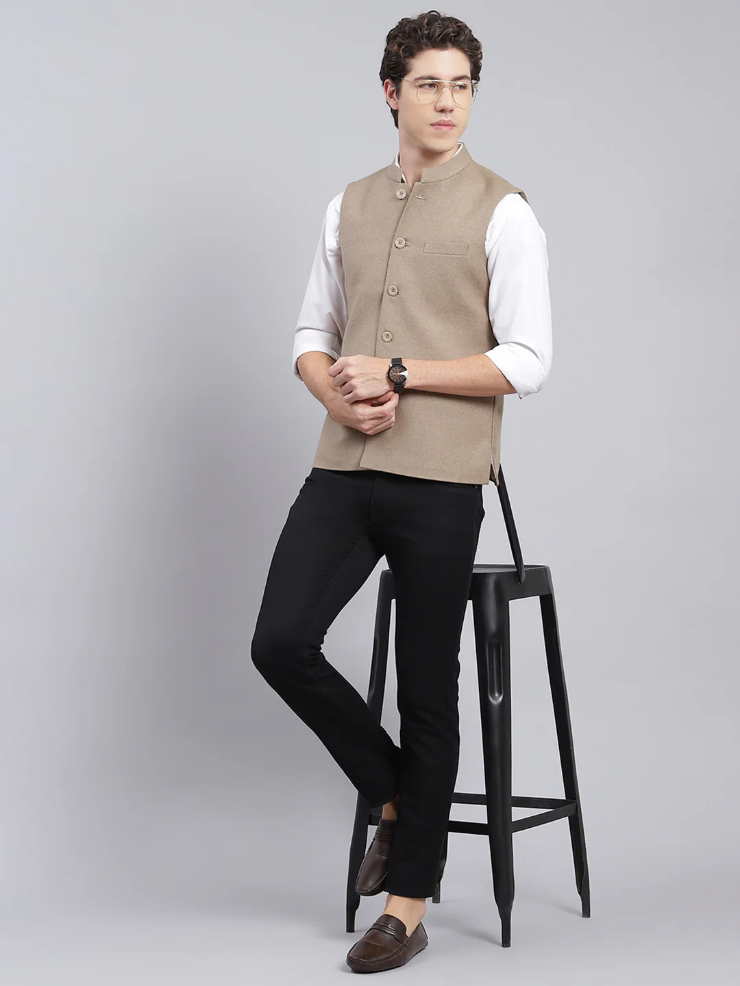 Men Beige Solid Wool blend Coat - Image 2