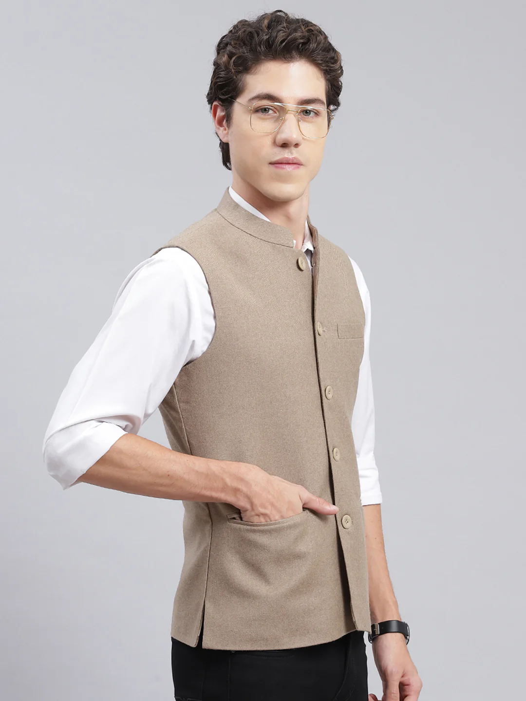Men Beige Solid Wool blend Coat - Image 3