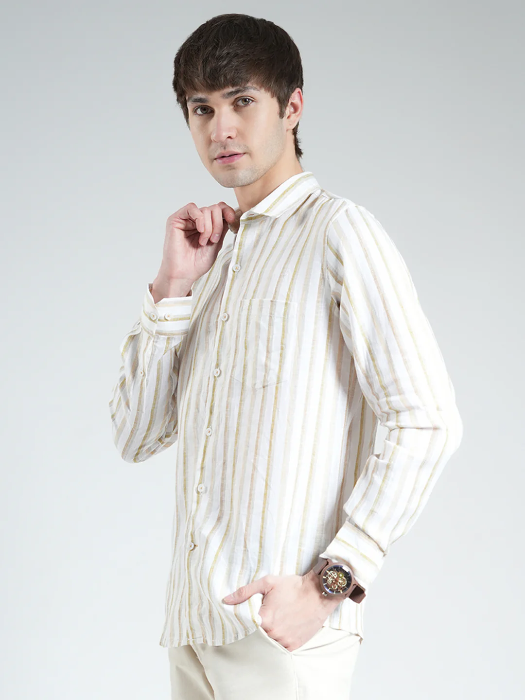 Men Beige Stripe Collar Full Sleeve Linen Shirt - Image 3