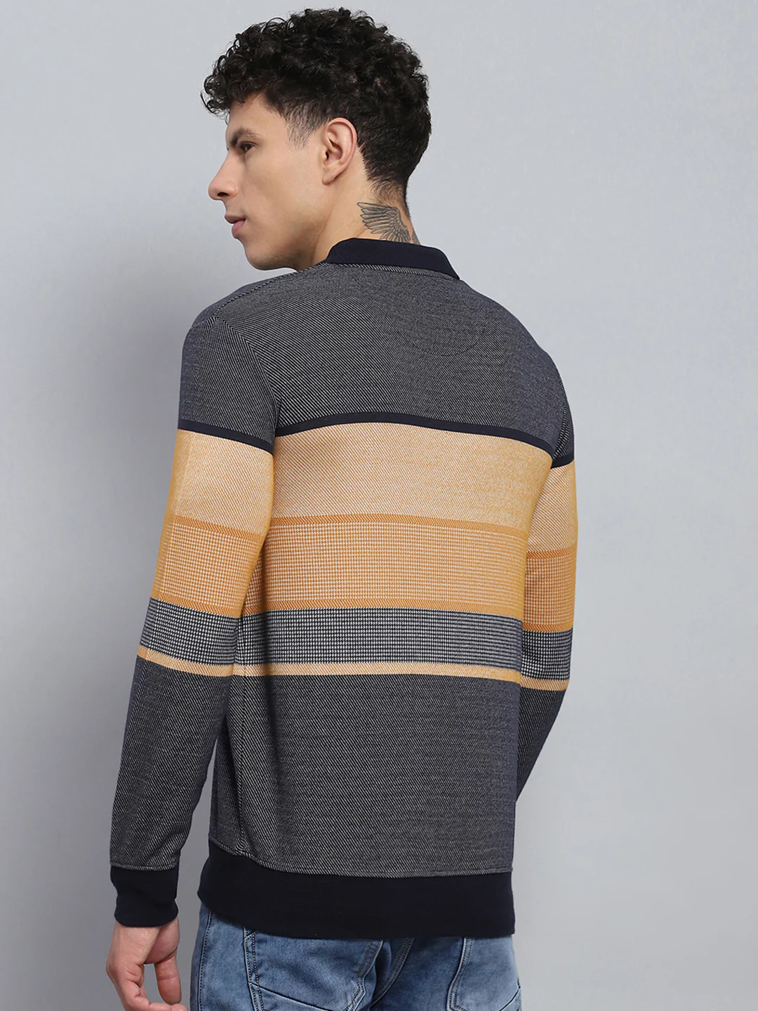 Men Beige Stripe Collar Full Sleeve Winter T-Shirt - Image 5