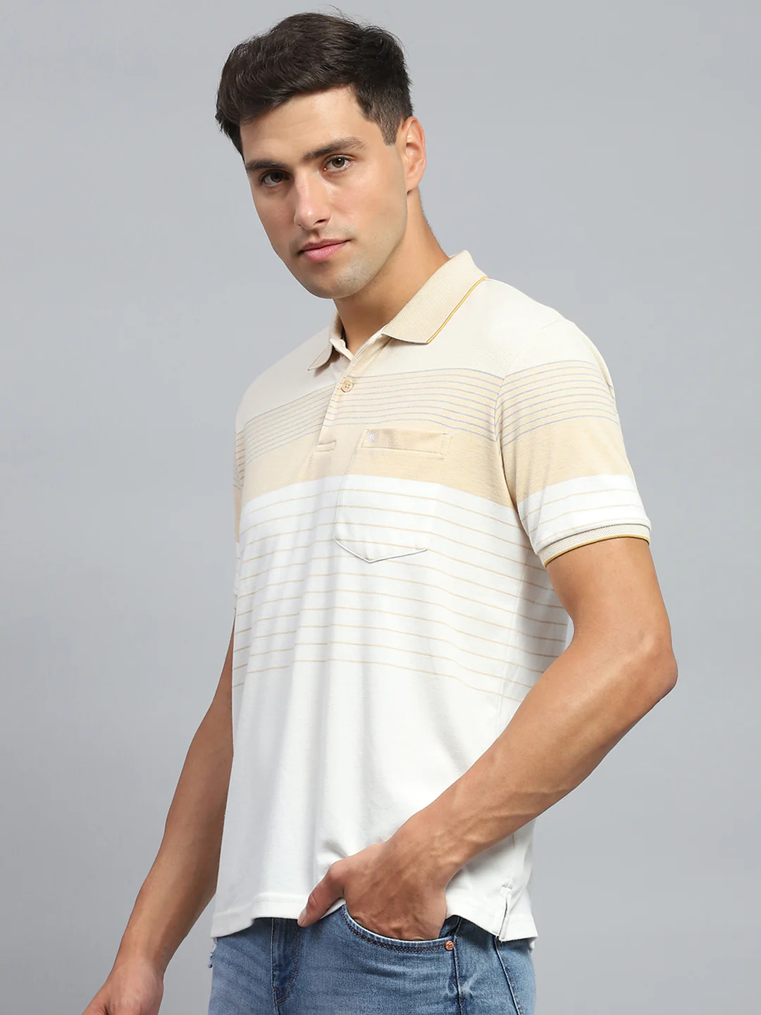 Men Beige Stripe Collar Half Sleeve T-Shirt - Image 3