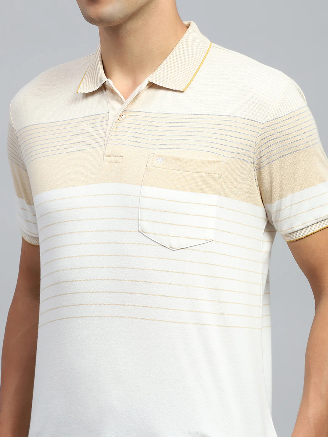 Men Beige Stripe Collar Half Sleeve T-Shirt - Image 6