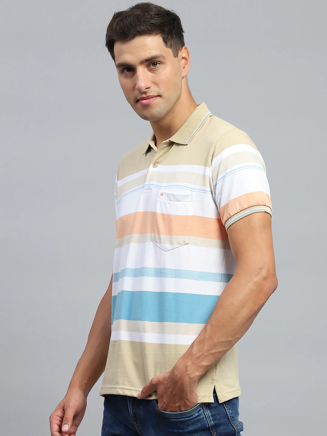 Men Beige Stripe Collar Half Sleeve T-Shirt - Image 3