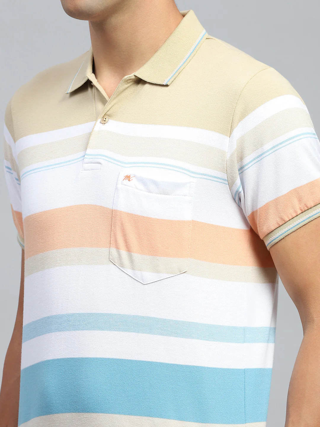 Men Beige Stripe Collar Half Sleeve T-Shirt - Image 6