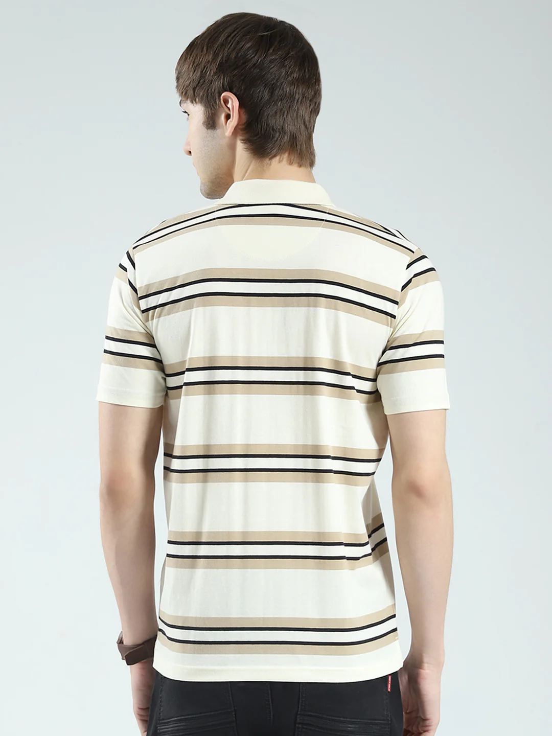 Men Beige Stripe Collar Half Sleeve T-Shirt - Image 5