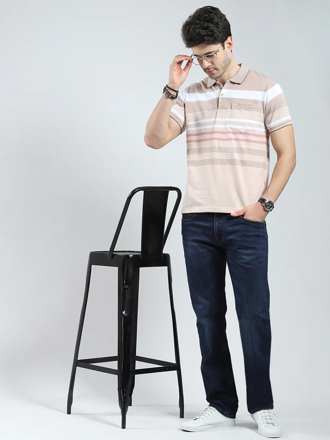 Men Beige Stripe Collar Half Sleeve T-Shirt - Image 2