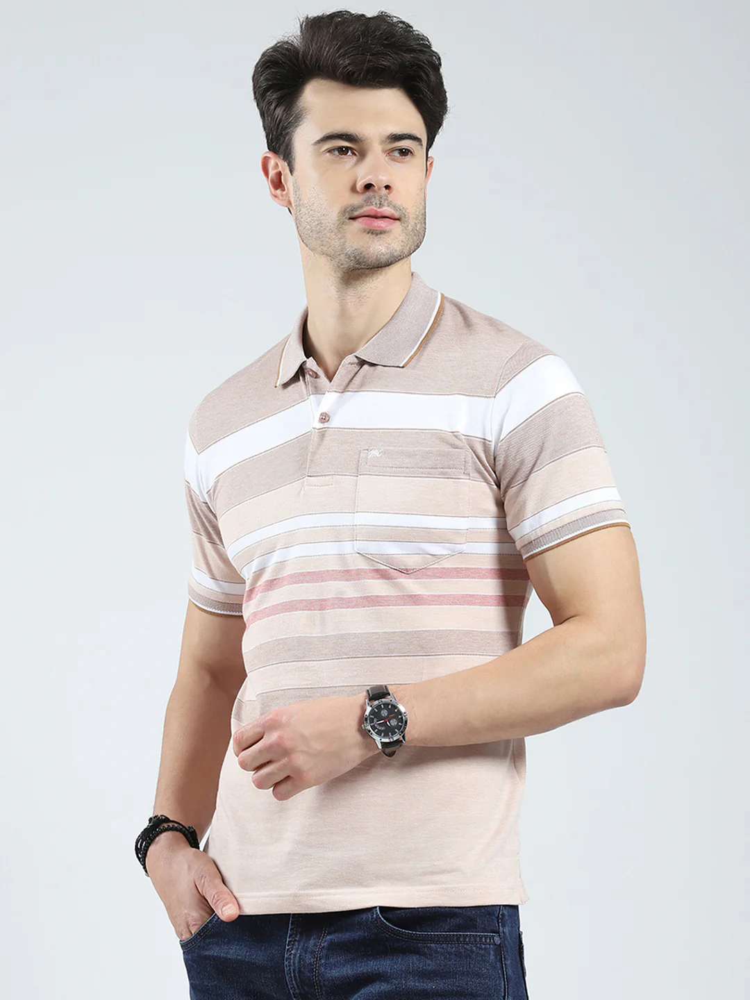 Men Beige Stripe Collar Half Sleeve T-Shirt - Image 3