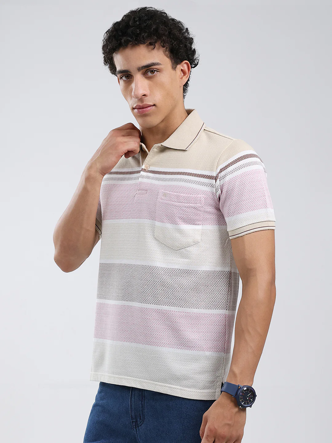 Men Beige Stripe Collar Half Sleeve T-Shirt - Image 3