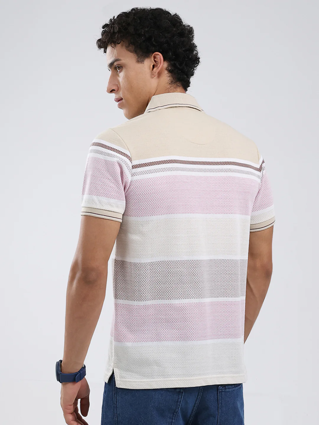 Men Beige Stripe Collar Half Sleeve T-Shirt - Image 5
