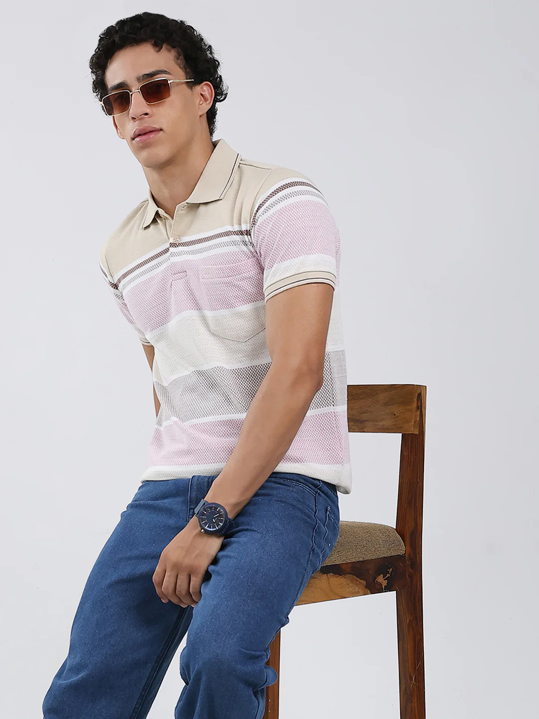 Men Beige Stripe Collar Half Sleeve T-Shirt - Image 6