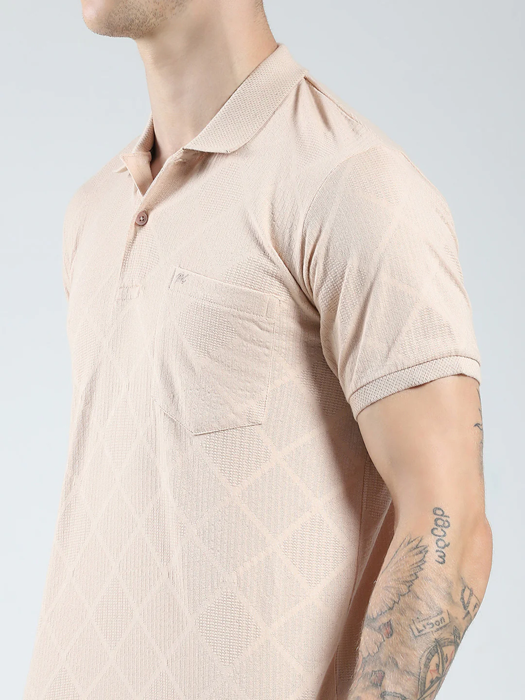 Men Beige Stripe Collar Half Sleeve T-Shirt - Image 6