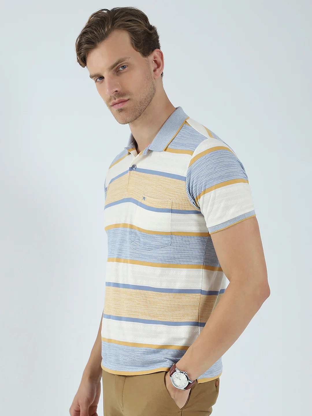 Men Beige Stripe Collar Half Sleeve T-Shirt - Image 3