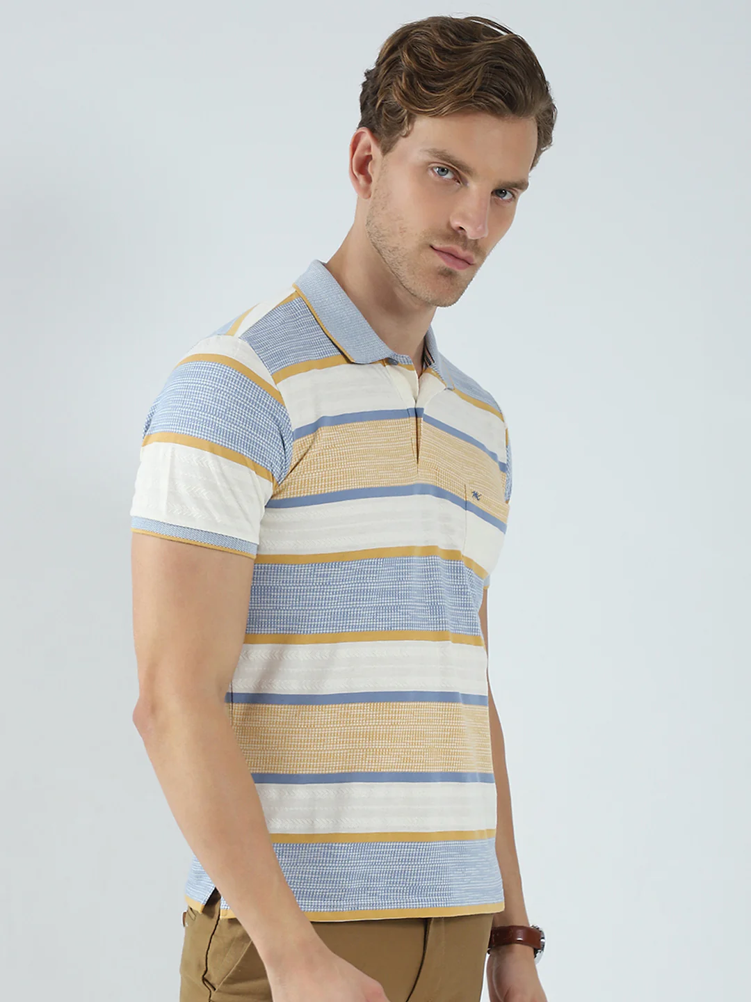 Men Beige Stripe Collar Half Sleeve T-Shirt - Image 4