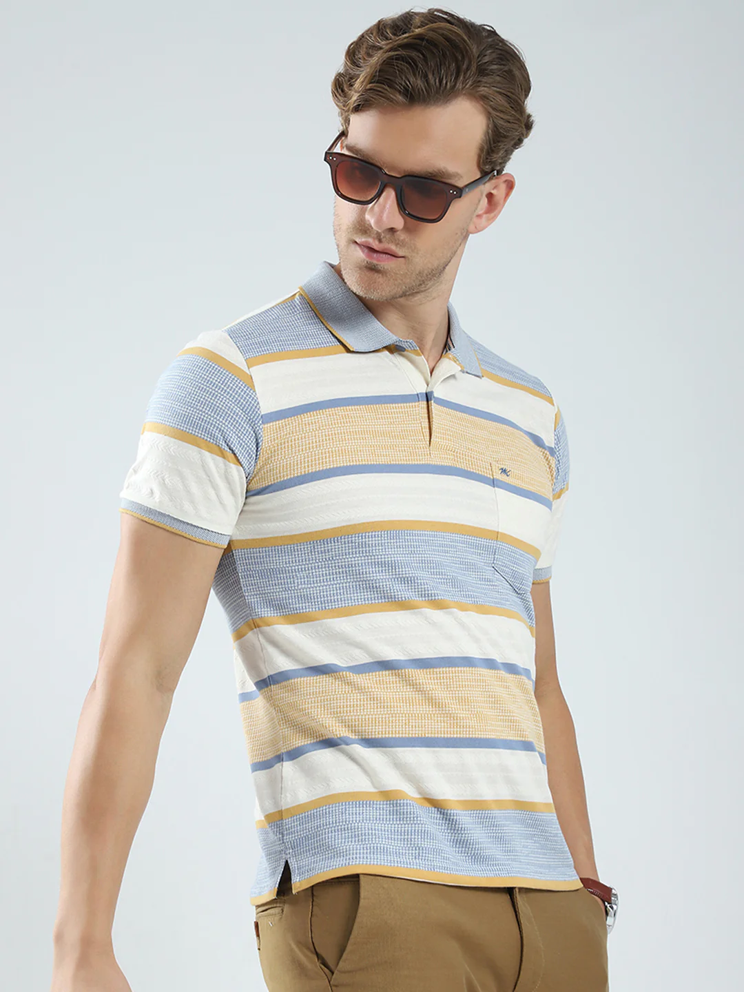 Men Beige Stripe Collar Half Sleeve T-Shirt - Image 6