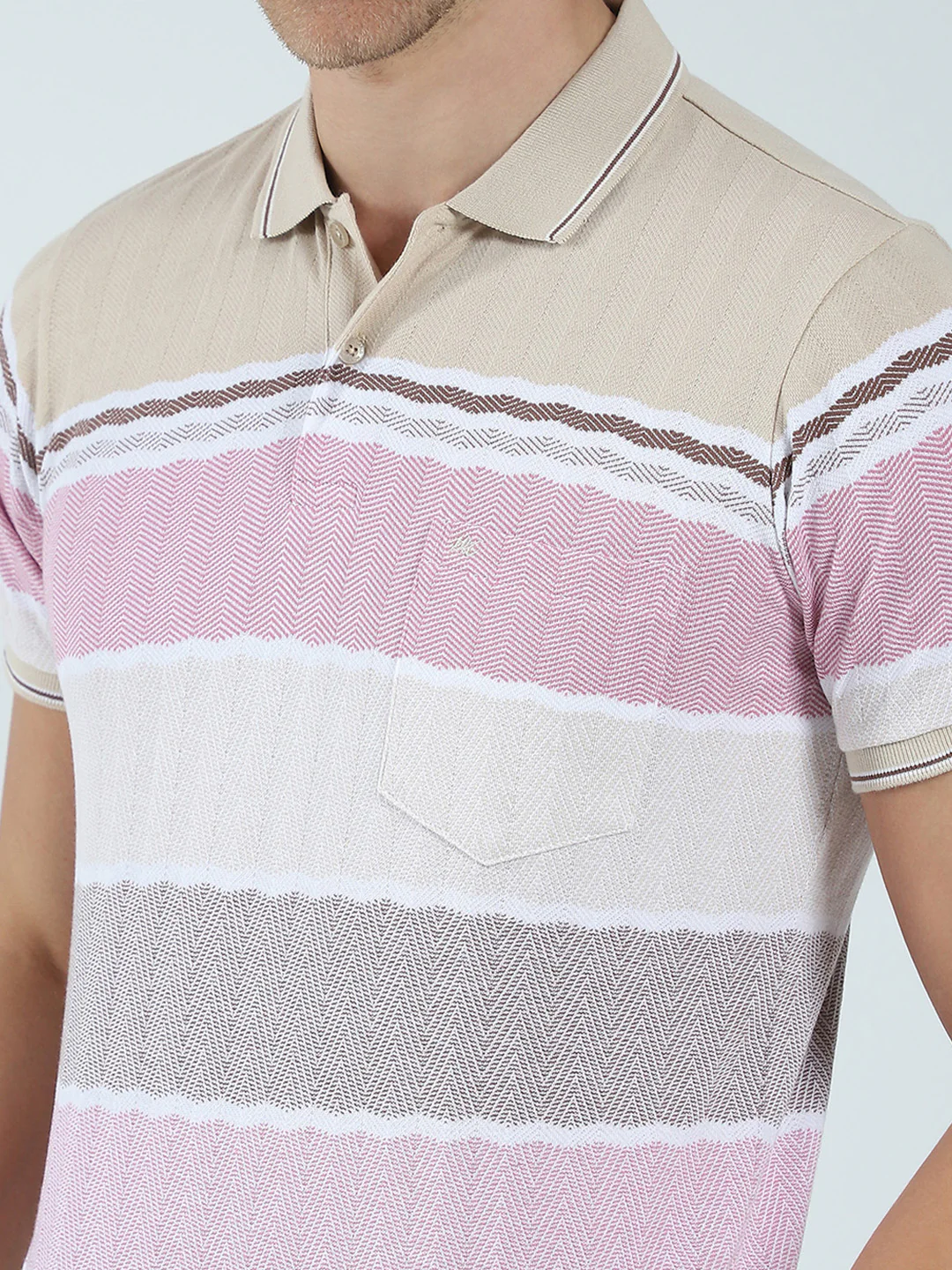 Men Beige Stripe Collar Half Sleeve T-Shirt - Image 7