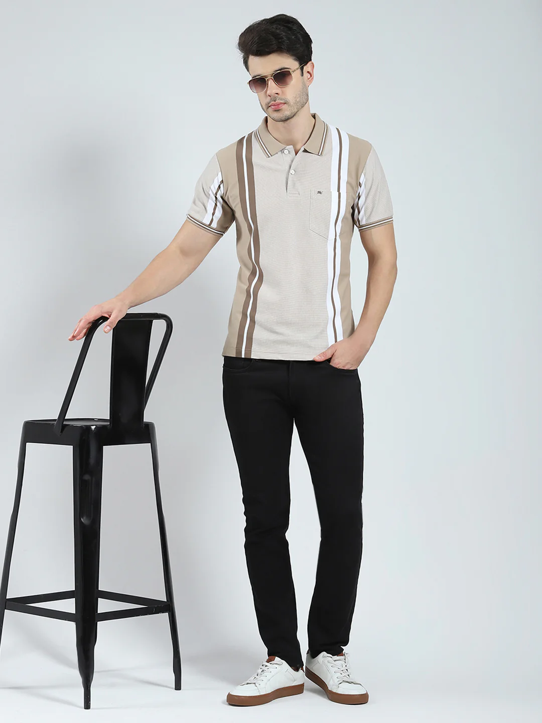 Men Beige Stripe Collar Half Sleeve T-Shirt - Image 2