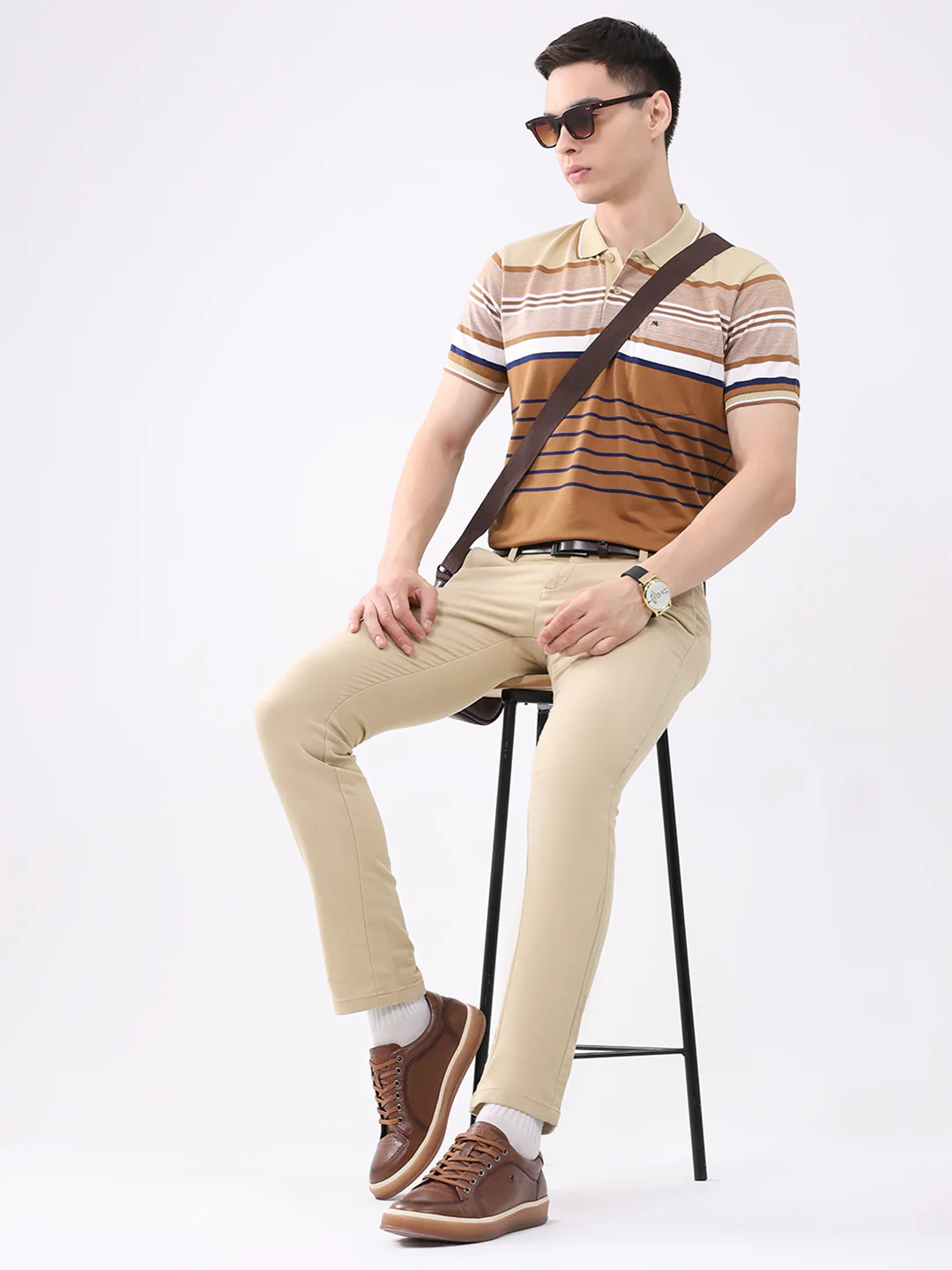 Men Beige Stripe Collar Half Sleeve T-Shirt - Image 2