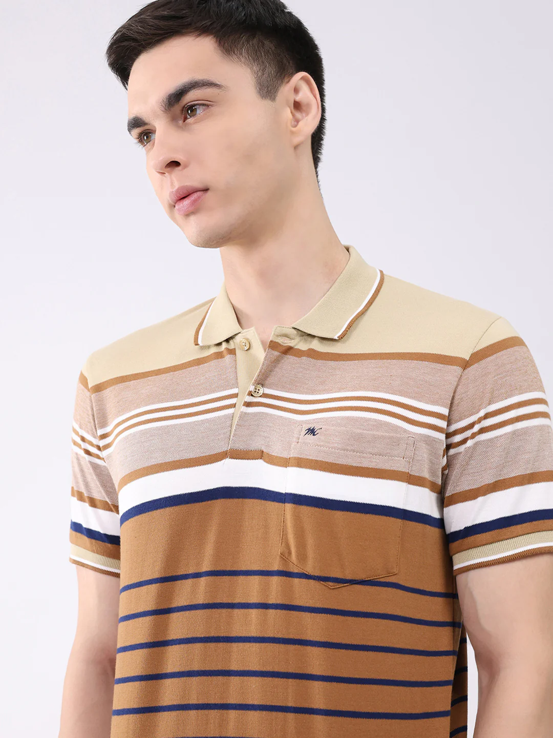 Men Beige Stripe Collar Half Sleeve T-Shirt - Image 6