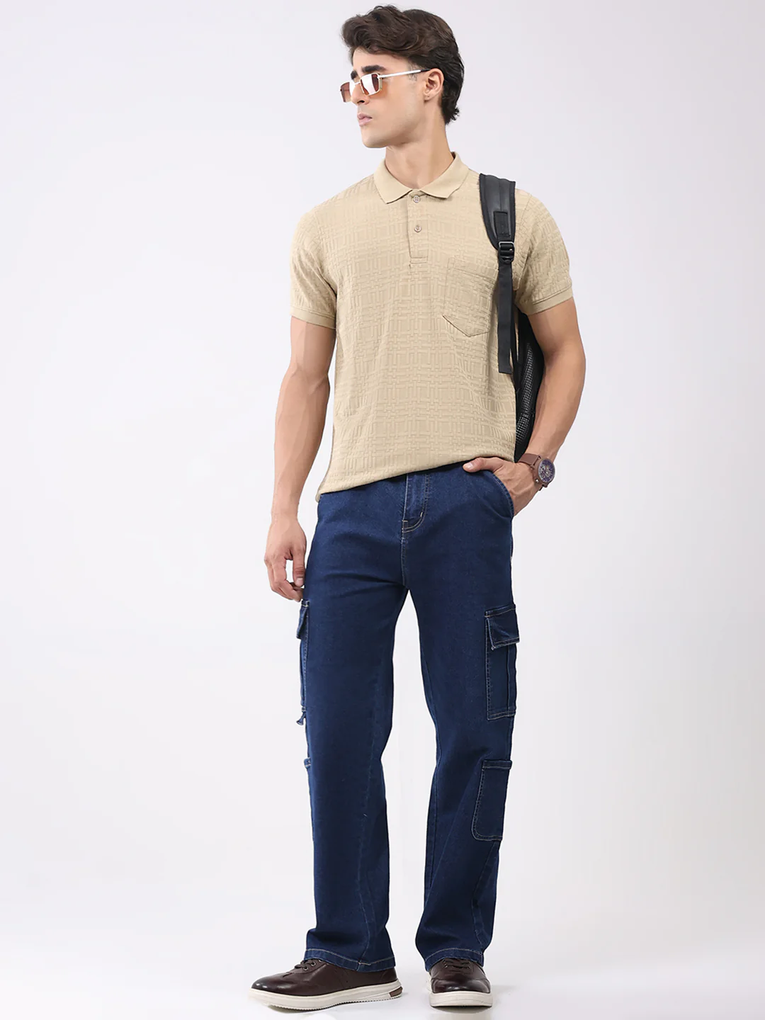 Men Beige Stripe Collar Half Sleeve T-Shirt - Image 2